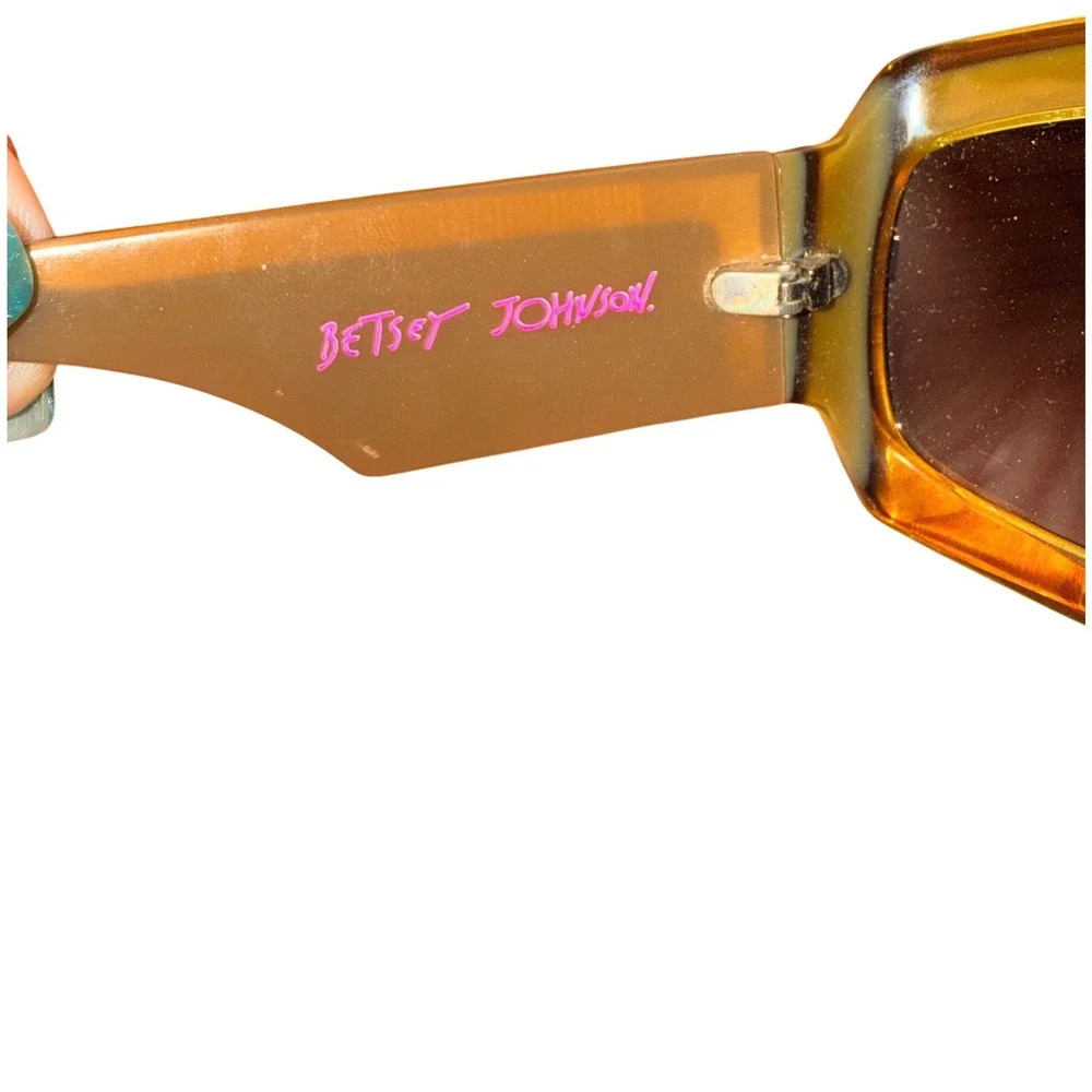 Betsey‎ Johnson BJ134 Khaki Yellow Studded Rectangular Sunglasses Retro Y2K
